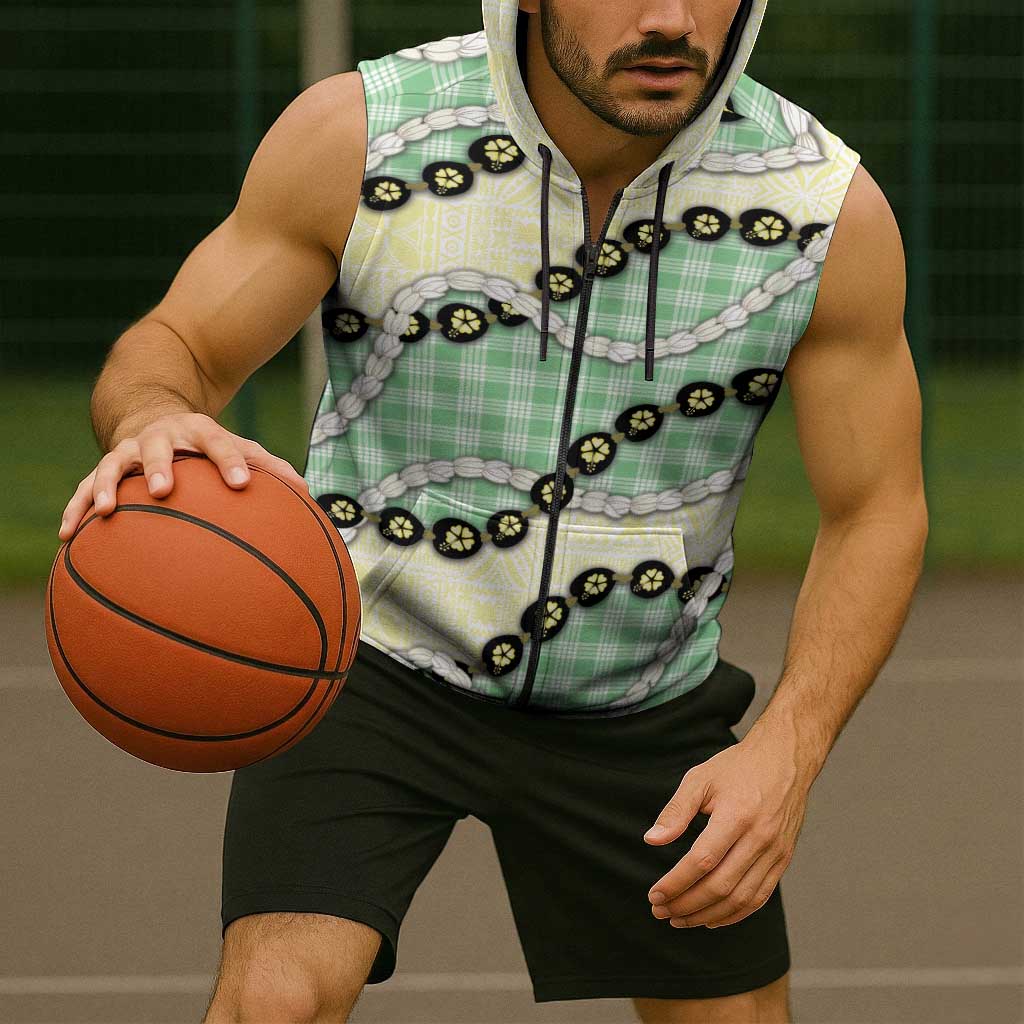 Green Palaka Hawaii Sleeveless Zip Hoodie Kukui Nut Pikake Lei Hawaiian Tapa Pattern - Polynesian Pride