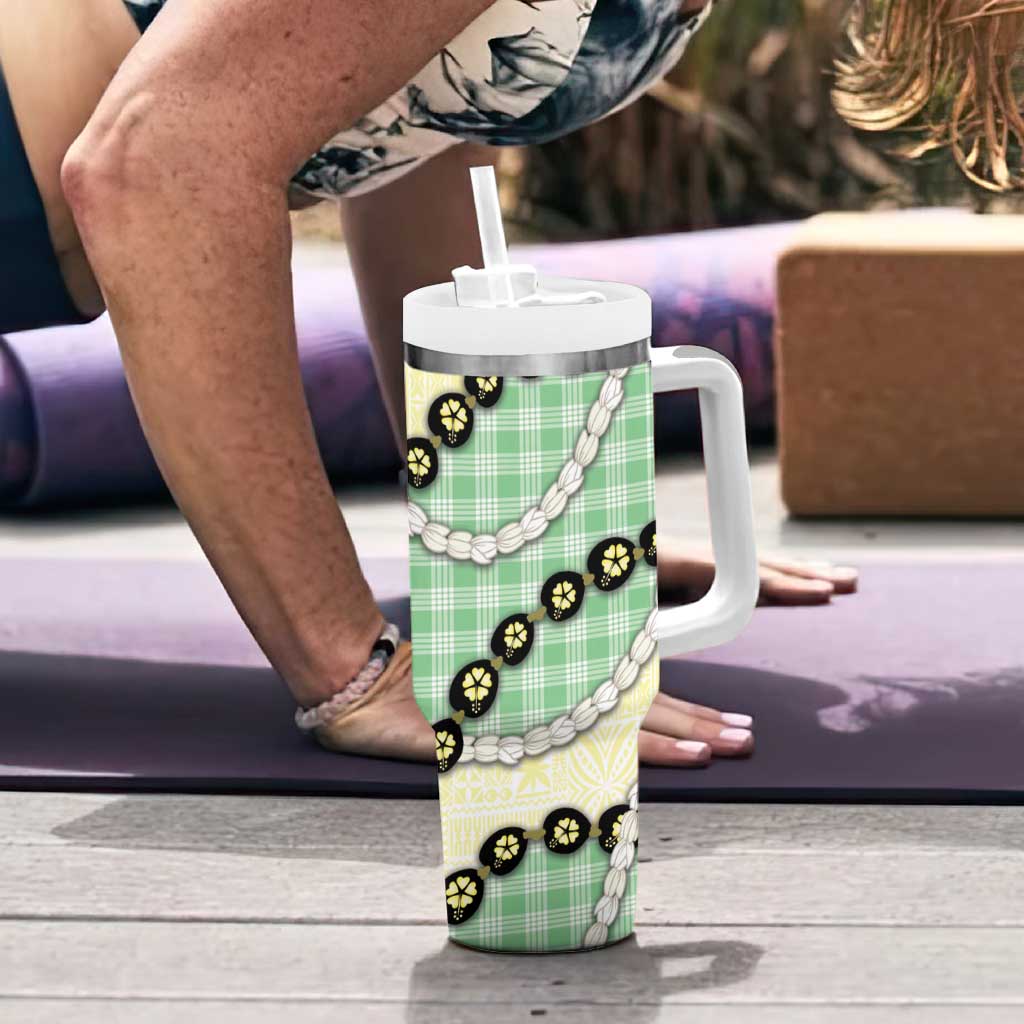 Green Palaka Hawaii Tumbler With Handle Kukui Nut Pikake Lei Hawaiian Tapa Pattern - Polynesian Pride