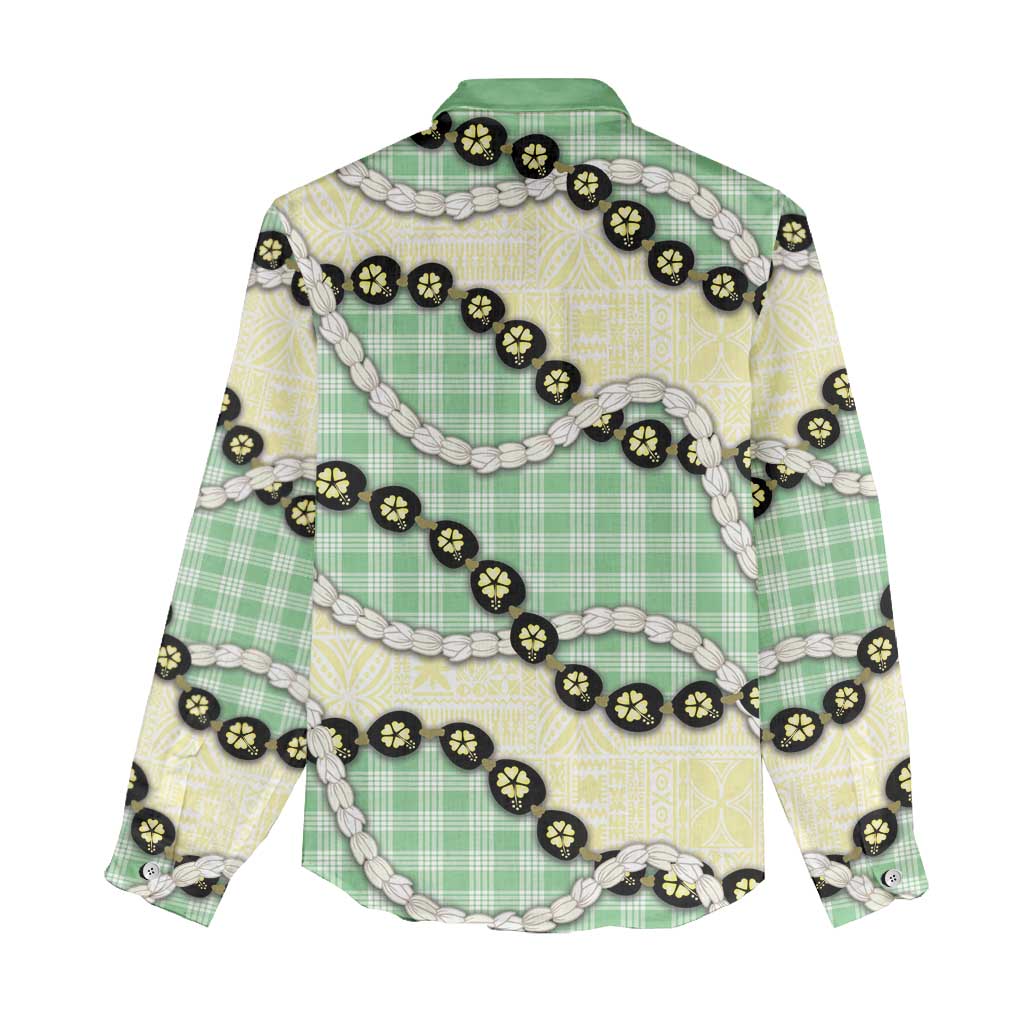 Green Palaka Hawaii Women Casual Shirt Kukui Nut Pikake Lei Hawaiian Tapa Pattern - Polynesian Pride