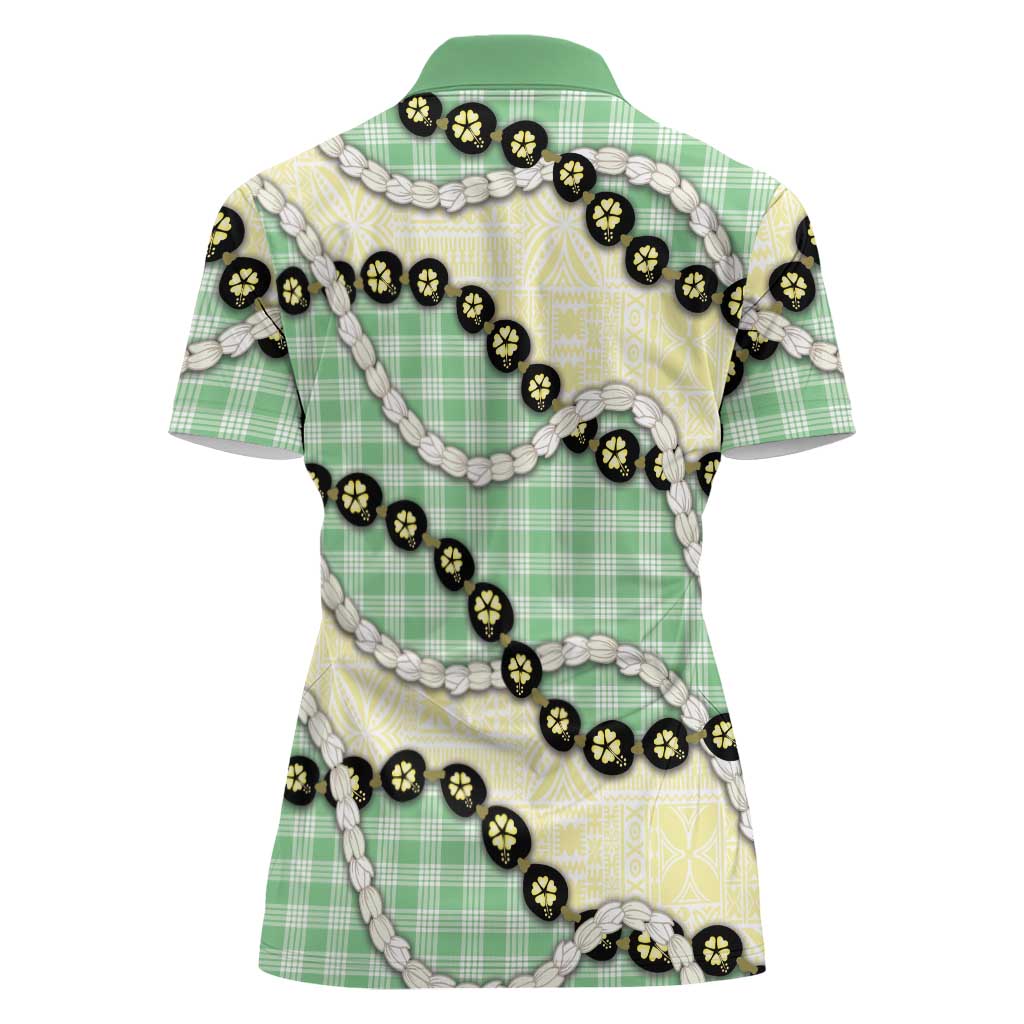 Green Palaka Hawaii Women Polo Shirt Kukui Nut Pikake Lei Hawaiian Tapa Pattern - Polynesian Pride