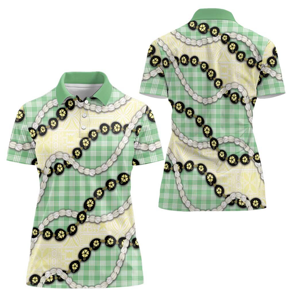 Green Palaka Hawaii Women Polo Shirt Kukui Nut Pikake Lei Hawaiian Tapa Pattern - Polynesian Pride