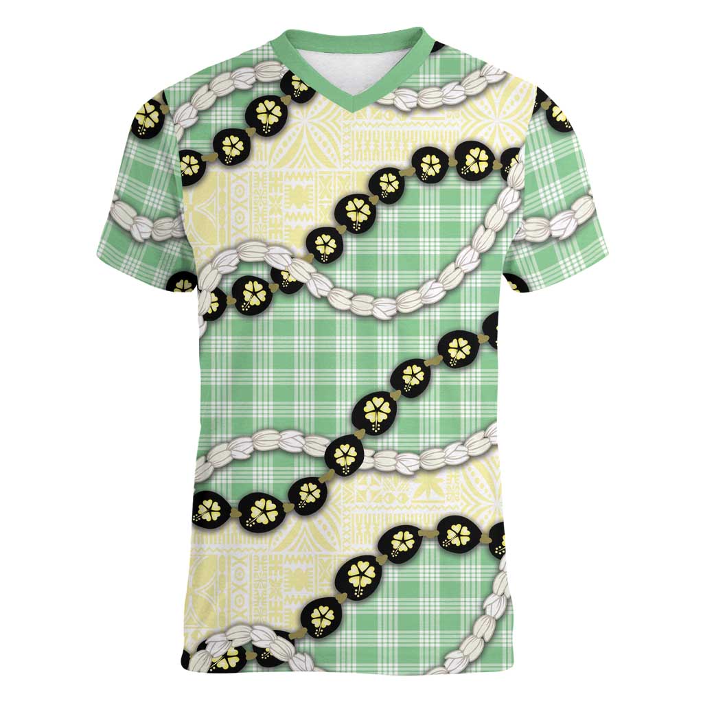 Green Palaka Hawaii Women V-Neck T-Shirt Kukui Nut Pikake Lei Hawaiian Tapa Pattern - Polynesian Pride