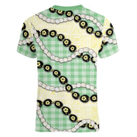 Green Palaka Hawaii Women V-Neck T-Shirt Kukui Nut Pikake Lei Hawaiian Tapa Pattern - Polynesian Pride