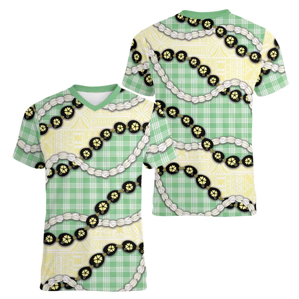 Green Palaka Hawaii Women V-Neck T-Shirt Kukui Nut Pikake Lei Hawaiian Tapa Pattern - Polynesian Pride