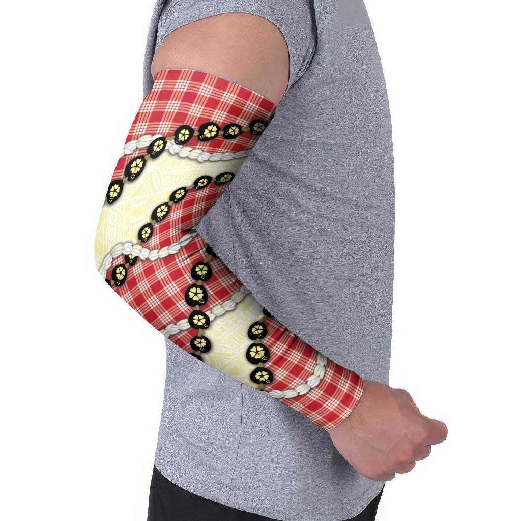 Red Palaka Hawaii Arm Sleeves Kukui Nut Pikake Lei Hawaiian Tapa Pattern - Polynesian Pride