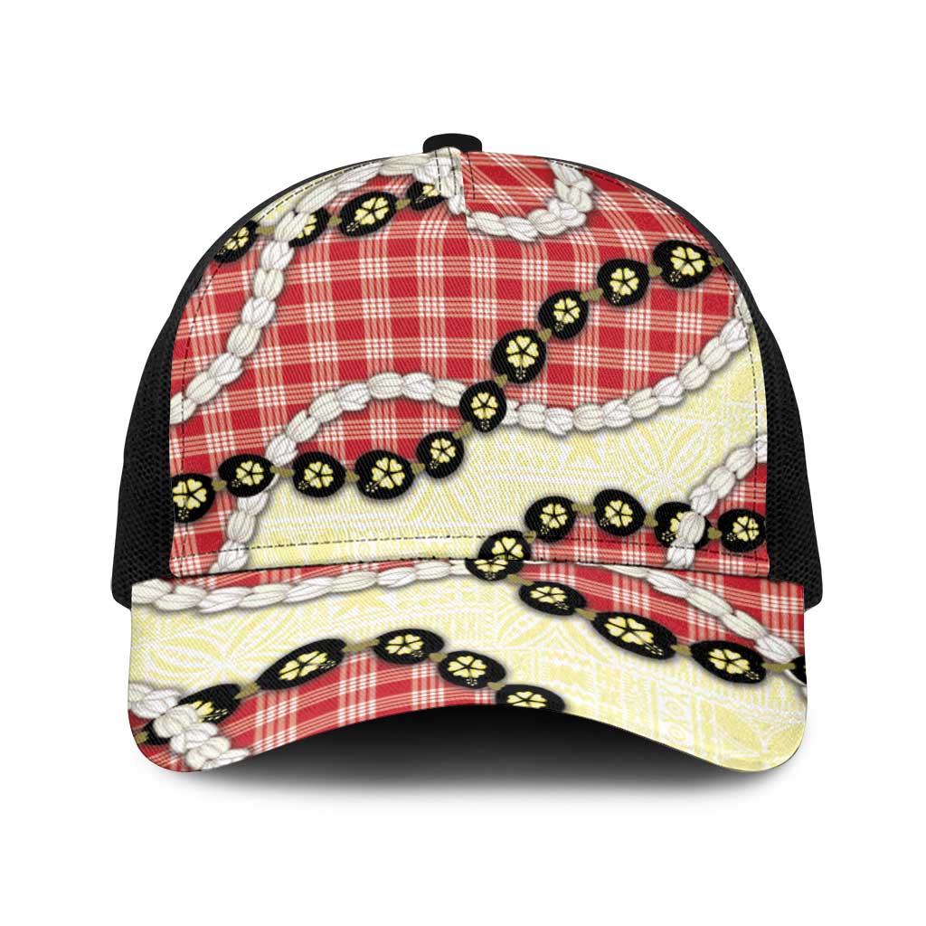 Red Palaka Hawaii Baseball Net Cap Kukui Nut Pikake Lei Hawaiian Tapa Pattern - Polynesian Pride