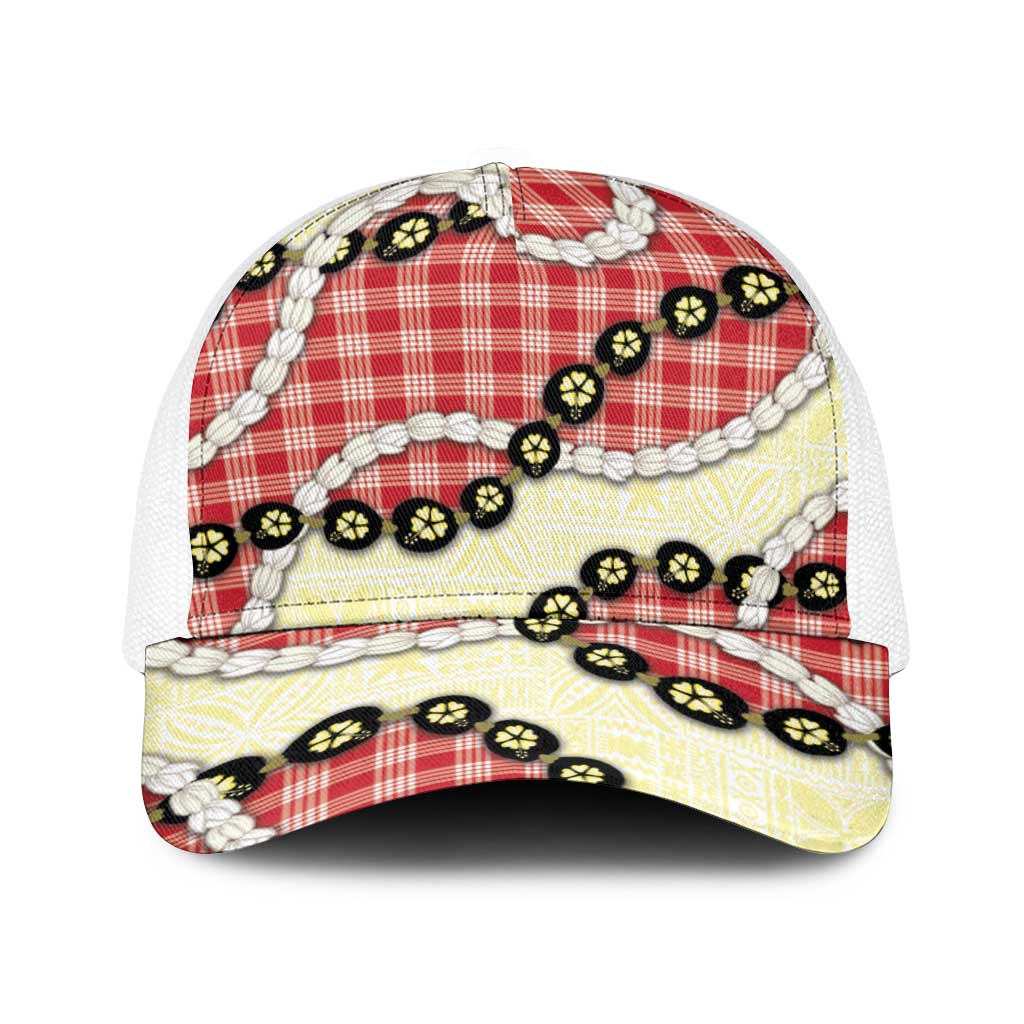 Red Palaka Hawaii Baseball Net Cap Kukui Nut Pikake Lei Hawaiian Tapa Pattern - Polynesian Pride