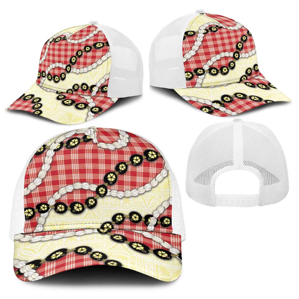 Red Palaka Hawaii Baseball Net Cap Kukui Nut Pikake Lei Hawaiian Tapa Pattern - Polynesian Pride