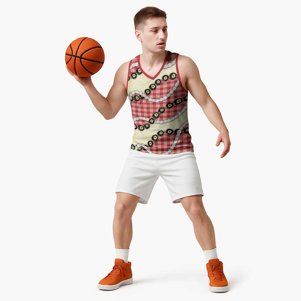 Red Palaka Hawaii Basketball Jersey Kukui Nut Pikake Lei Hawaiian Tapa Pattern - Polynesian Pride