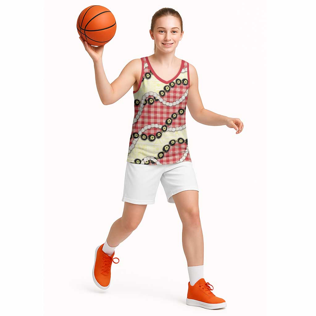 Red Palaka Hawaii Basketball Jersey Kukui Nut Pikake Lei Hawaiian Tapa Pattern - Polynesian Pride