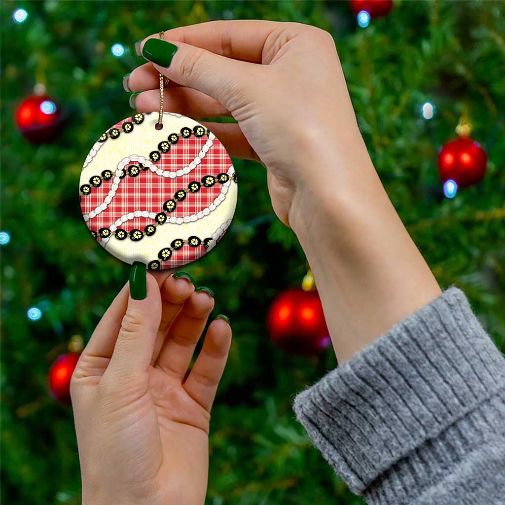 Red Palaka Hawaii Ceramic Ornament Kukui Nut Pikake Lei Hawaiian Tapa Pattern - Polynesian Pride