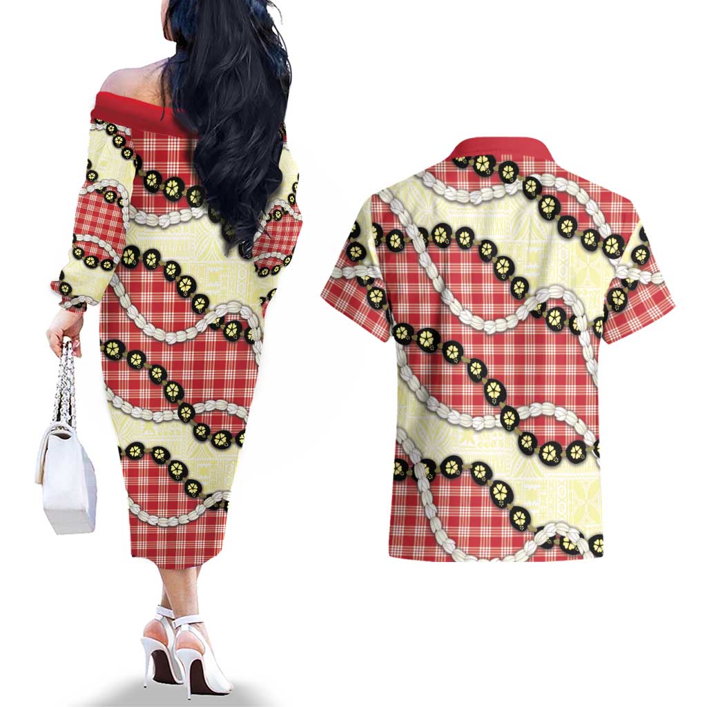 Red Palaka Hawaii Couples Matching Off The Shoulder Long Sleeve Dress and Hawaiian Shirt Kukui Nut Pikake Lei Hawaiian Tapa Pattern - Polynesian Pride
