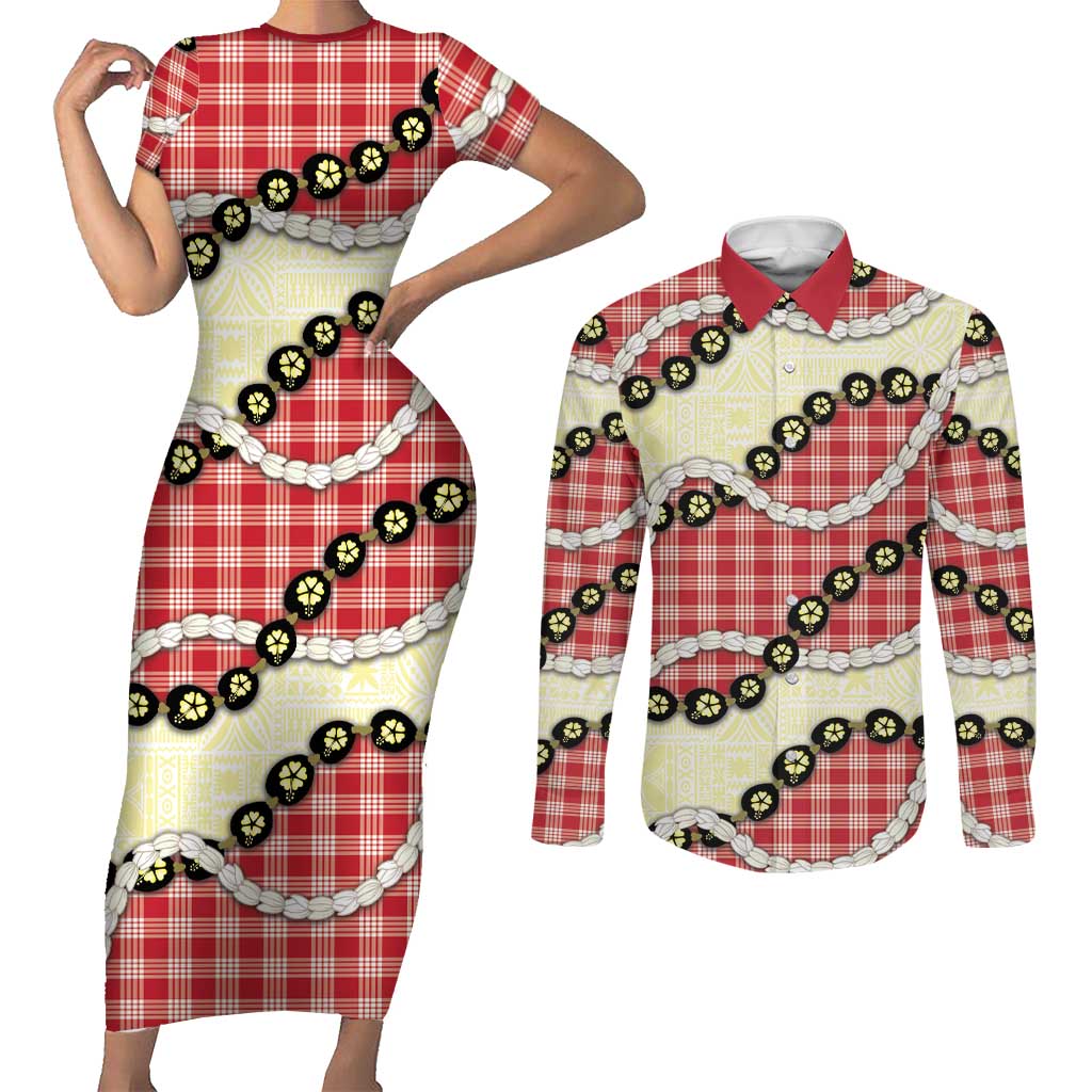 Red Palaka Hawaii Couples Matching Short Sleeve Bodycon Dress and Long Sleeve Button Shirt Kukui Nut Pikake Lei Hawaiian Tapa Pattern - Polynesian Pride