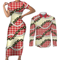 Red Palaka Hawaii Couples Matching Short Sleeve Bodycon Dress and Long Sleeve Button Shirt Kukui Nut Pikake Lei Hawaiian Tapa Pattern - Polynesian Pride