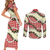 Red Palaka Hawaii Couples Matching Short Sleeve Bodycon Dress and Long Sleeve Button Shirt Kukui Nut Pikake Lei Hawaiian Tapa Pattern - Polynesian Pride