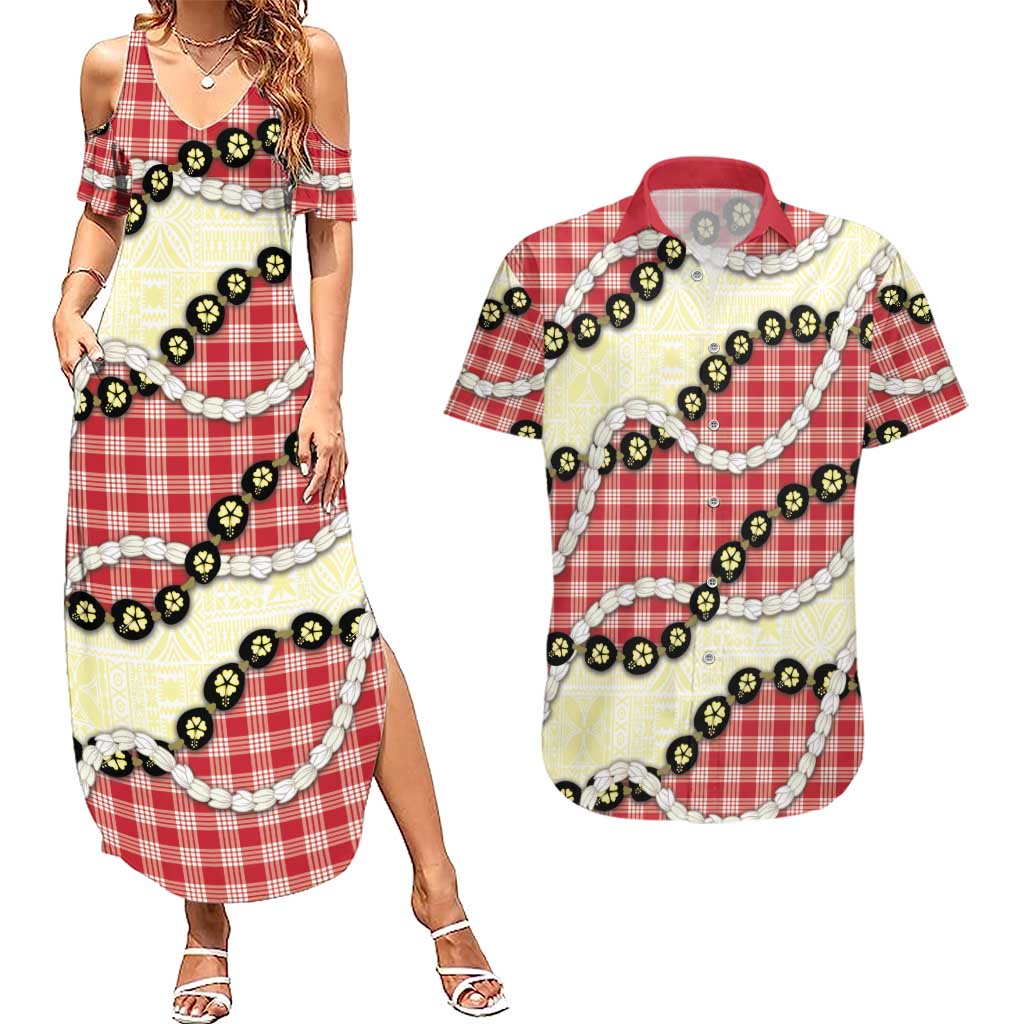 Red Palaka Hawaii Couples Matching Summer Maxi Dress and Hawaiian Shirt Kukui Nut Pikake Lei Hawaiian Tapa Pattern - Polynesian Pride