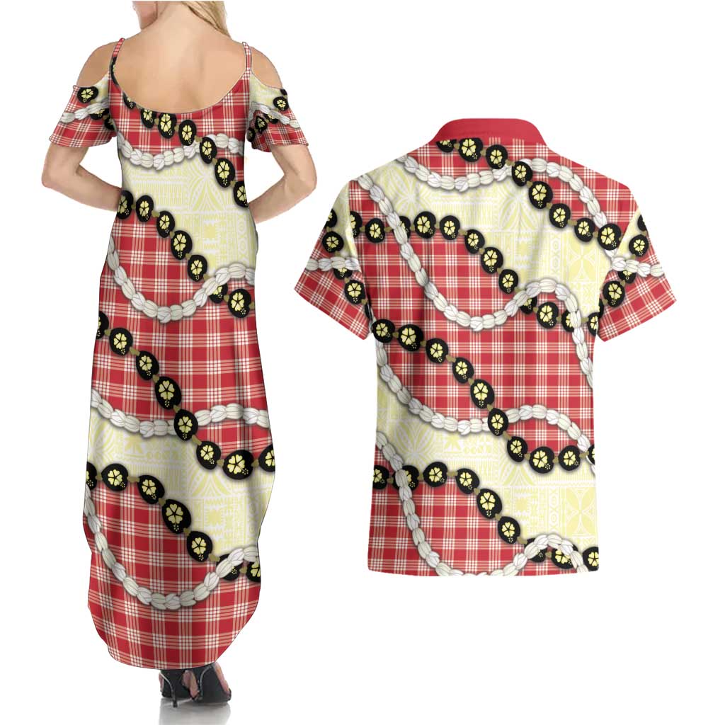 Red Palaka Hawaii Couples Matching Summer Maxi Dress and Hawaiian Shirt Kukui Nut Pikake Lei Hawaiian Tapa Pattern - Polynesian Pride