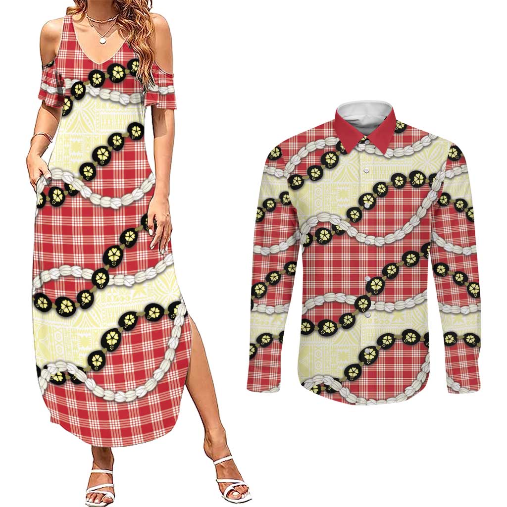 Red Palaka Hawaii Couples Matching Summer Maxi Dress and Long Sleeve Button Shirt Kukui Nut Pikake Lei Hawaiian Tapa Pattern - Polynesian Pride