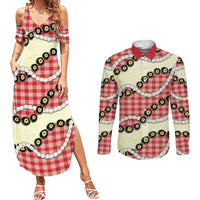 Red Palaka Hawaii Couples Matching Summer Maxi Dress and Long Sleeve Button Shirt Kukui Nut Pikake Lei Hawaiian Tapa Pattern - Polynesian Pride