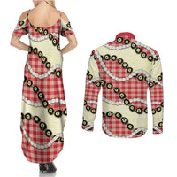 Red Palaka Hawaii Couples Matching Summer Maxi Dress and Long Sleeve Button Shirt Kukui Nut Pikake Lei Hawaiian Tapa Pattern - Polynesian Pride