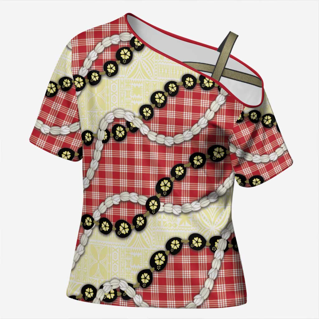 Red Palaka Hawaii Cross Shoulder Shirt Kukui Nut Pikake Lei Hawaiian Tapa Pattern - Polynesian Pride