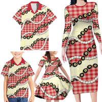 Red Palaka Hawaii Family Matching Long Sleeve Bodycon Dress and Hawaiian Shirt Kukui Nut Pikake Lei Hawaiian Tapa Pattern LT14 - Polynesian Pride