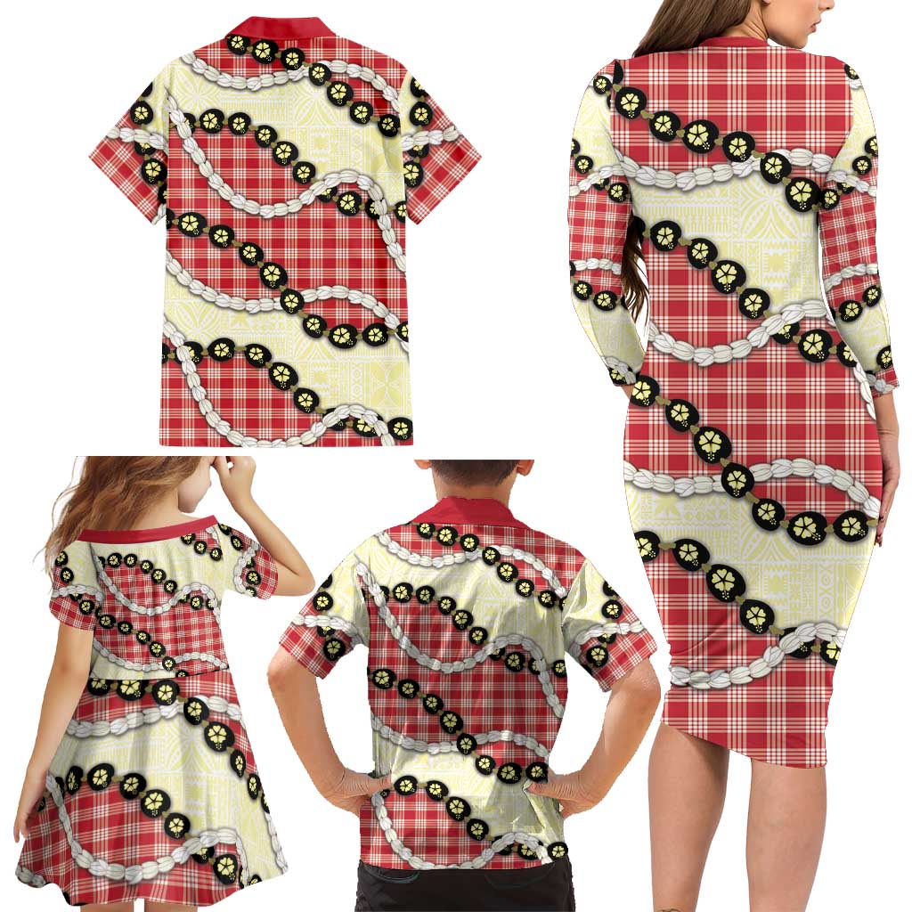 Red Palaka Hawaii Family Matching Long Sleeve Bodycon Dress and Hawaiian Shirt Kukui Nut Pikake Lei Hawaiian Tapa Pattern LT14 - Polynesian Pride