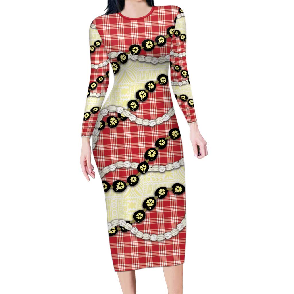 Red Palaka Hawaii Family Matching Long Sleeve Bodycon Dress and Hawaiian Shirt Kukui Nut Pikake Lei Hawaiian Tapa Pattern LT14 Mom's Dress Red - Polynesian Pride