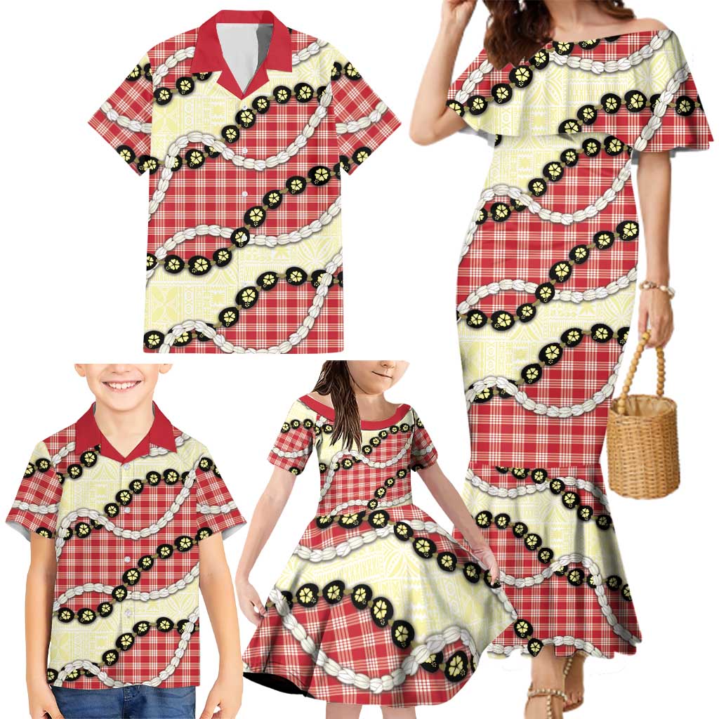 Red Palaka Hawaii Family Matching Mermaid Dress and Hawaiian Shirt Kukui Nut Pikake Lei Hawaiian Tapa Pattern - Polynesian Pride