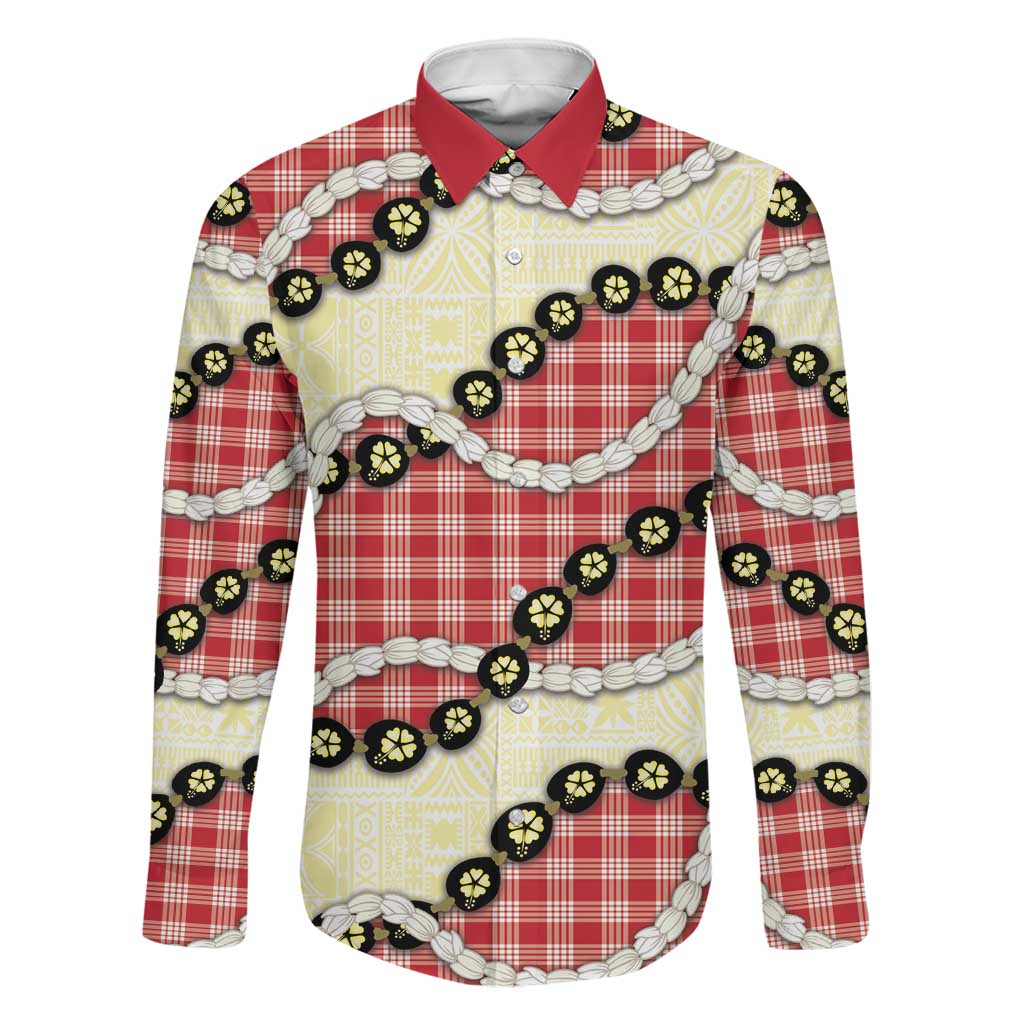 Red Palaka Hawaii Family Matching Mermaid Dress and Hawaiian Shirt Kukui Nut Pikake Lei Hawaiian Tapa Pattern LT14 Dad's Shirt - Long Sleeve Red - Polynesian Pride