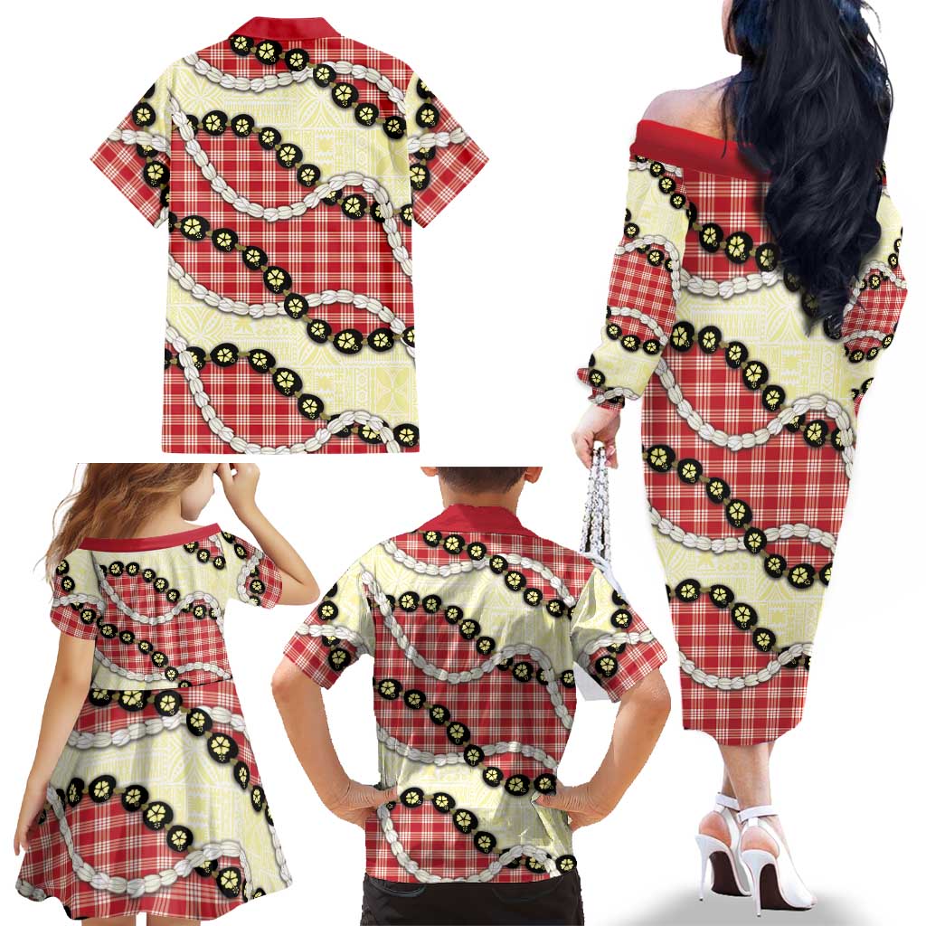 Red Palaka Hawaii Family Matching Off The Shoulder Long Sleeve Dress and Hawaiian Shirt Kukui Nut Pikake Lei Hawaiian Tapa Pattern LT14 - Polynesian Pride