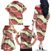 Red Palaka Hawaii Family Matching Off The Shoulder Long Sleeve Dress and Hawaiian Shirt Kukui Nut Pikake Lei Hawaiian Tapa Pattern LT14 - Polynesian Pride