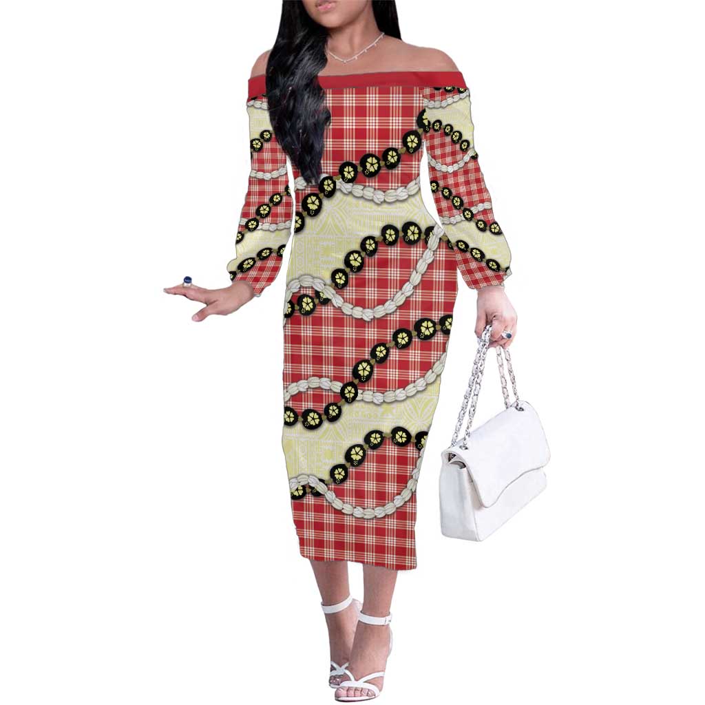 Red Palaka Hawaii Family Matching Off The Shoulder Long Sleeve Dress and Hawaiian Shirt Kukui Nut Pikake Lei Hawaiian Tapa Pattern LT14 Mom's Dress Red - Polynesian Pride
