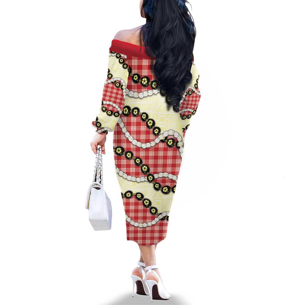 Red Palaka Hawaii Family Matching Off The Shoulder Long Sleeve Dress and Hawaiian Shirt Kukui Nut Pikake Lei Hawaiian Tapa Pattern LT14 - Polynesian Pride