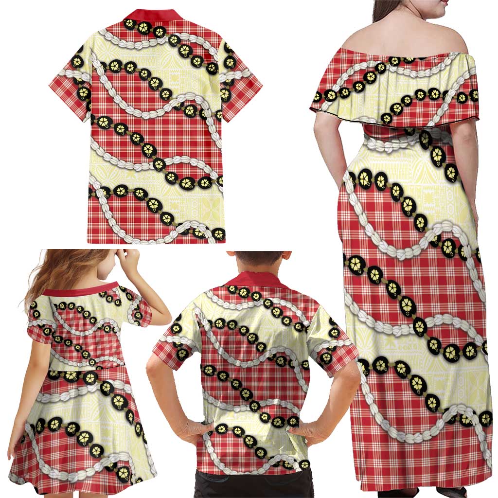Red Palaka Hawaii Family Matching Off Shoulder Maxi Dress and Hawaiian Shirt Kukui Nut Pikake Lei Hawaiian Tapa Pattern - Polynesian Pride
