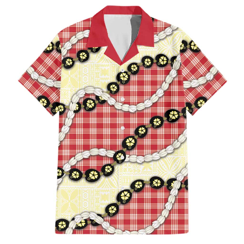 Red Palaka Hawaii Family Matching Off Shoulder Maxi Dress and Hawaiian Shirt Kukui Nut Pikake Lei Hawaiian Tapa Pattern - Polynesian Pride