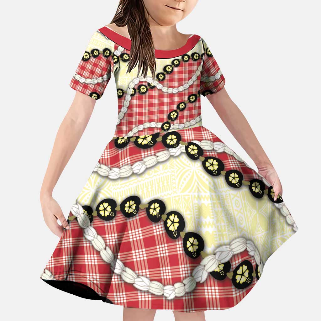 Red Palaka Hawaii Family Matching Off Shoulder Short Dress and Hawaiian Shirt Kukui Nut Pikake Lei Hawaiian Tapa Pattern - Polynesian Pride