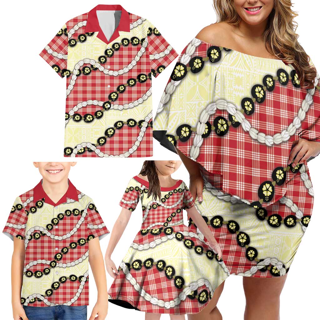 Red Palaka Hawaii Family Matching Off Shoulder Short Dress and Hawaiian Shirt Kukui Nut Pikake Lei Hawaiian Tapa Pattern - Polynesian Pride