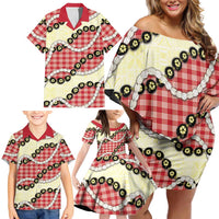 Red Palaka Hawaii Family Matching Off Shoulder Short Dress and Hawaiian Shirt Kukui Nut Pikake Lei Hawaiian Tapa Pattern - Polynesian Pride