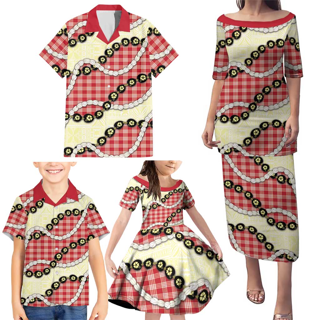 Red Palaka Hawaii Family Matching Puletasi and Hawaiian Shirt Kukui Nut Pikake Lei Hawaiian Tapa Pattern - Polynesian Pride