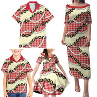 Red Palaka Hawaii Family Matching Puletasi and Hawaiian Shirt Kukui Nut Pikake Lei Hawaiian Tapa Pattern - Polynesian Pride