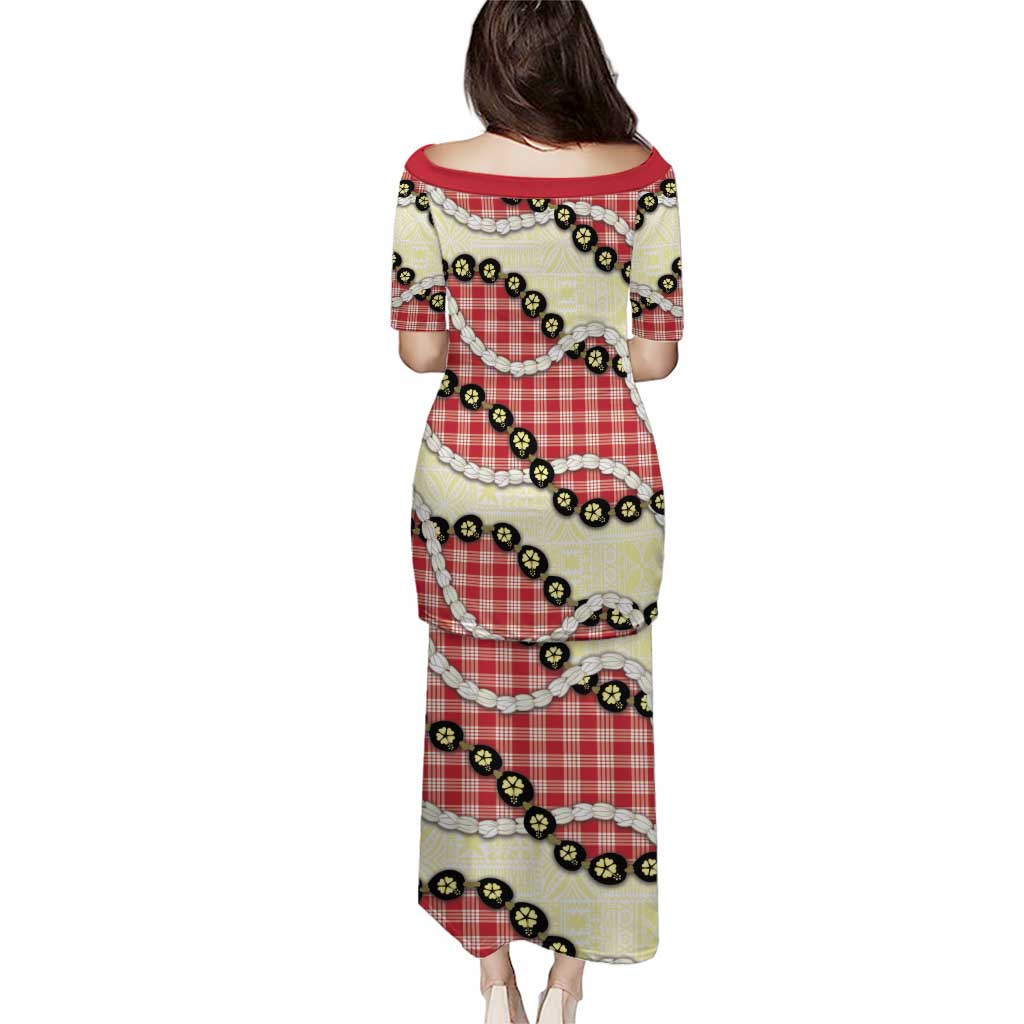 Red Palaka Hawaii Family Matching Puletasi and Hawaiian Shirt Kukui Nut Pikake Lei Hawaiian Tapa Pattern - Polynesian Pride