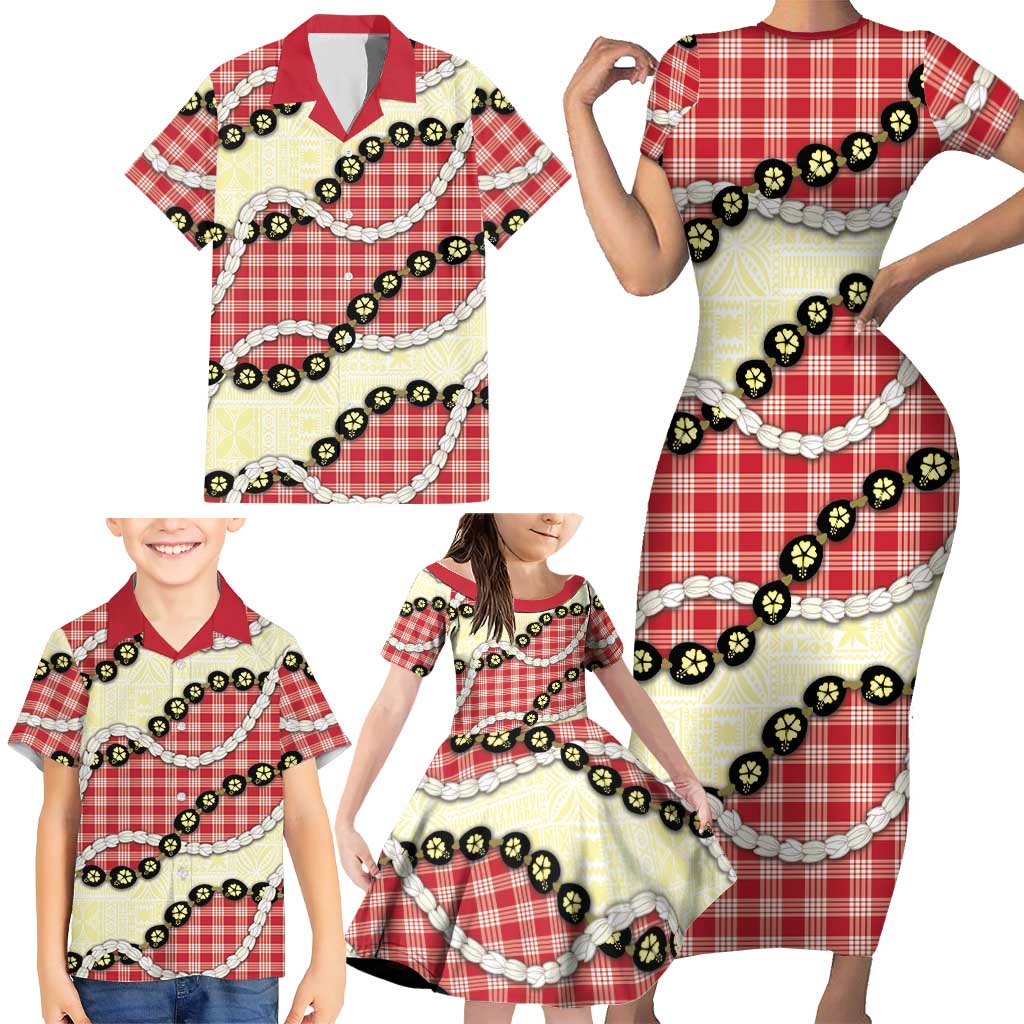 Red Palaka Hawaii Family Matching Short Sleeve Bodycon Dress and Hawaiian Shirt Kukui Nut Pikake Lei Hawaiian Tapa Pattern - Polynesian Pride