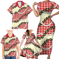 Red Palaka Hawaii Family Matching Short Sleeve Bodycon Dress and Hawaiian Shirt Kukui Nut Pikake Lei Hawaiian Tapa Pattern LT14 - Polynesian Pride