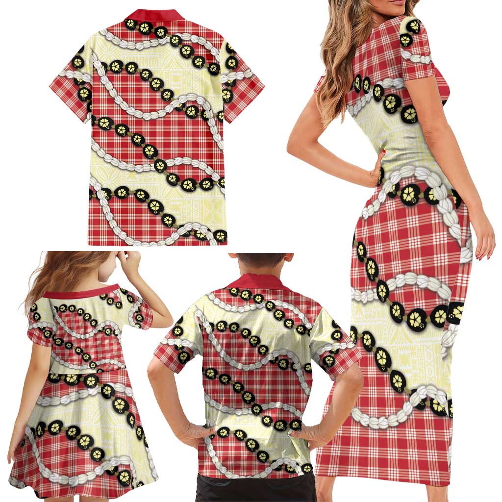 Red Palaka Hawaii Family Matching Short Sleeve Bodycon Dress and Hawaiian Shirt Kukui Nut Pikake Lei Hawaiian Tapa Pattern LT14 - Polynesian Pride