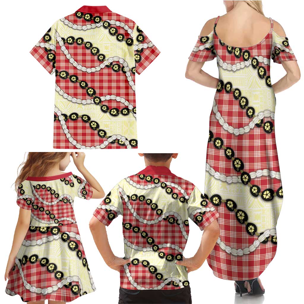 Red Palaka Hawaii Family Matching Summer Maxi Dress and Hawaiian Shirt Kukui Nut Pikake Lei Hawaiian Tapa Pattern - Polynesian Pride