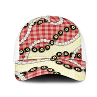 Red Palaka Hawaii Mesh Trucker Cap Kukui Nut Pikake Lei Hawaiian Tapa Pattern - Polynesian Pride