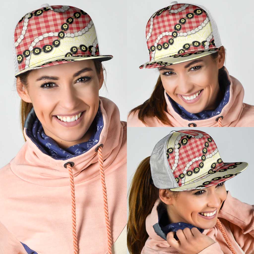 Red Palaka Hawaii Mesh Trucker Cap Kukui Nut Pikake Lei Hawaiian Tapa Pattern - Polynesian Pride