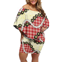 Red Palaka Hawaii Off Shoulder Short Dress Kukui Nut Pikake Lei Hawaiian Tapa Pattern - Polynesian Pride