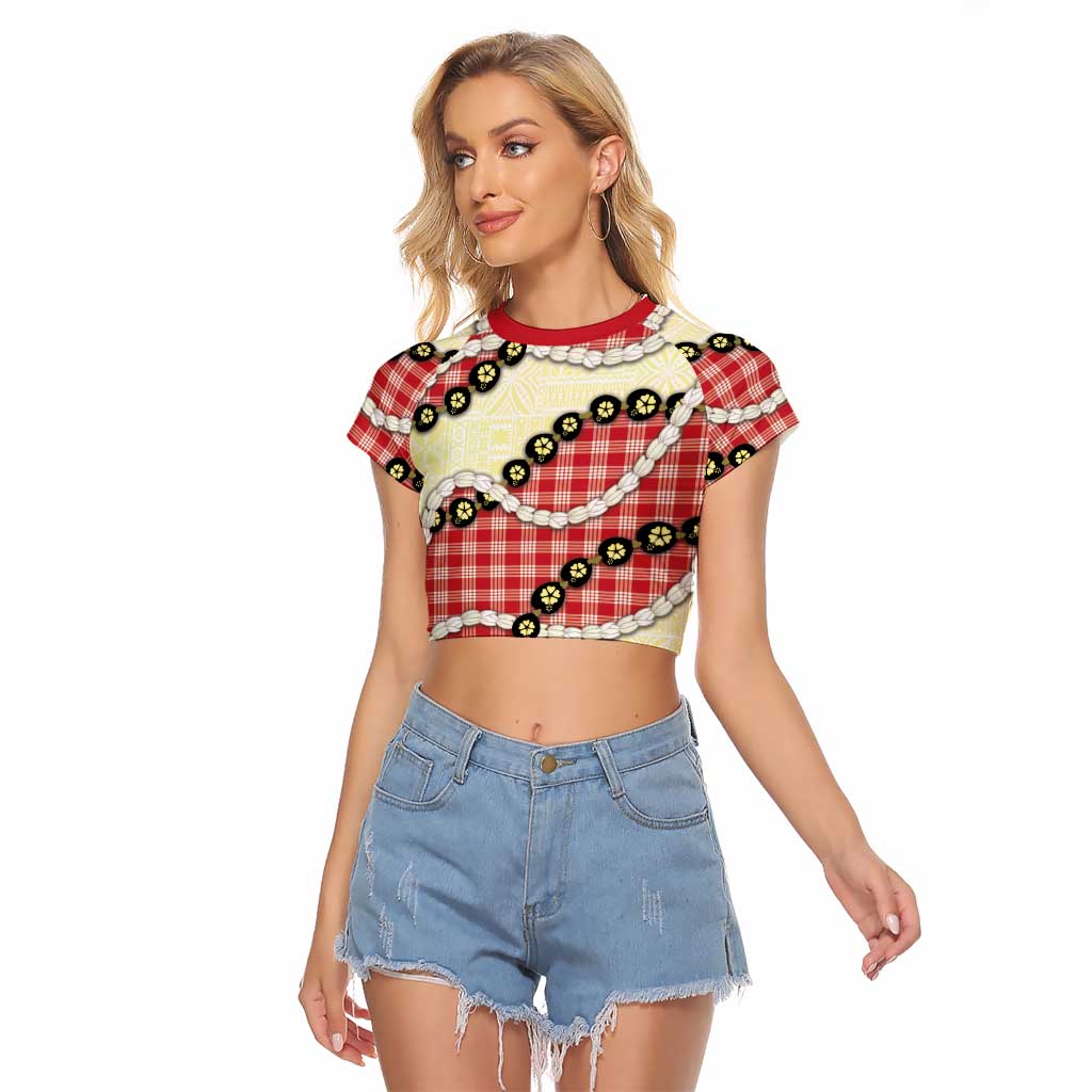 Red Palaka Hawaii Raglan Cropped T Shirt Kukui Nut Pikake Lei Hawaiian Tapa Pattern - Polynesian Pride